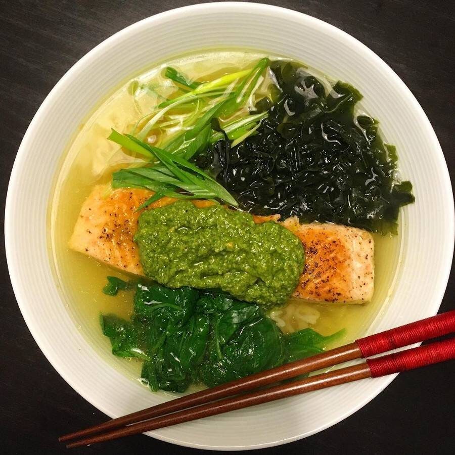 Pan Fried Salmon with Kale Pesto Instant Top Ramen