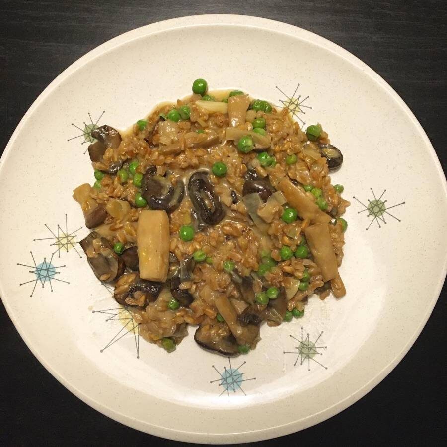 Farrotto With Mushroom, Peas and Spring Onions Dish