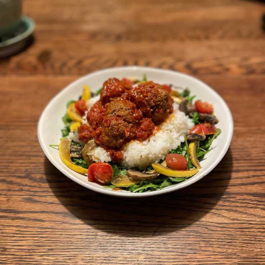 Spicy Spanish Meatballs rice plate